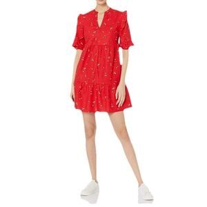 Goodthreads Red Ginkgo Print Linen Blend Peasant Prairie Dress Womens Large